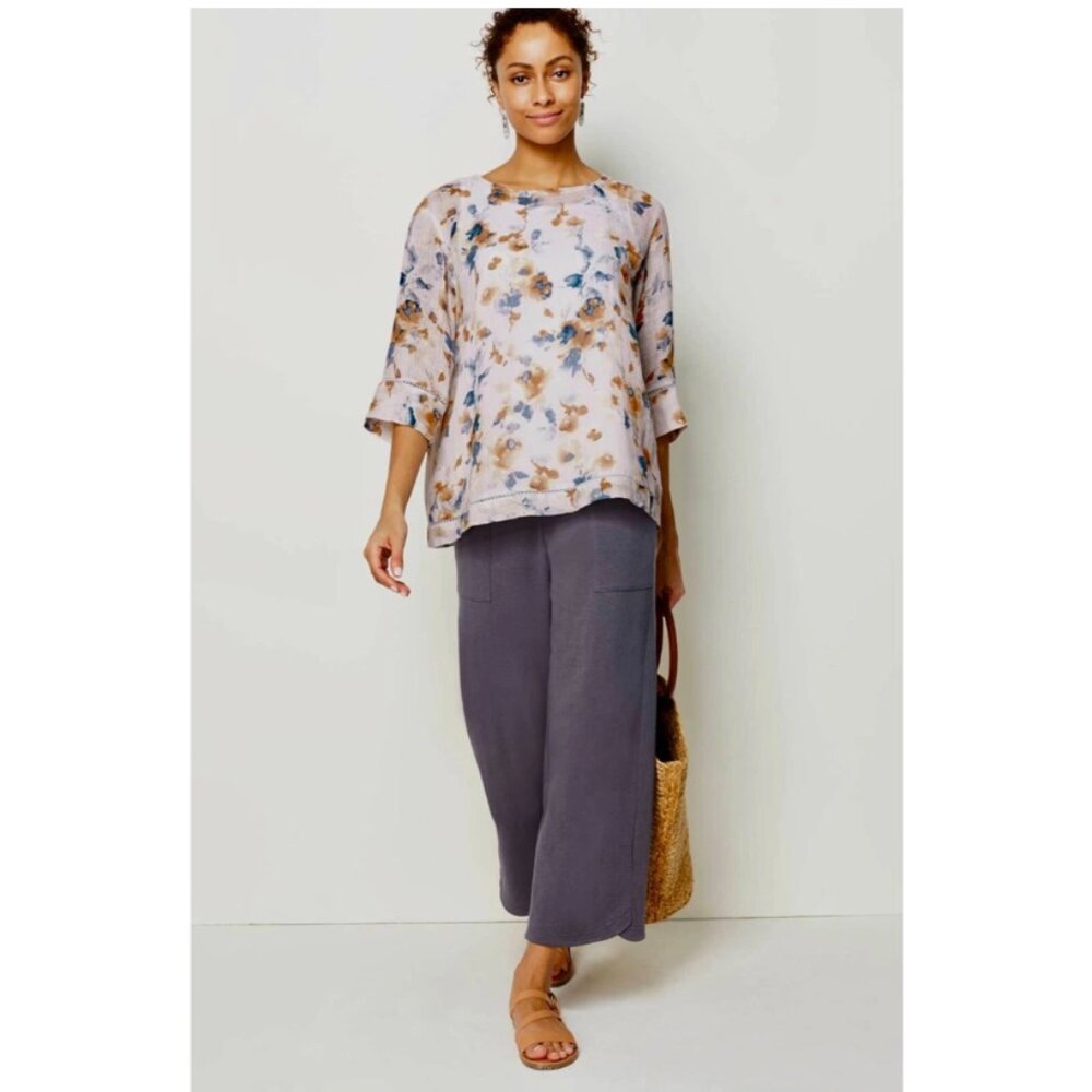 Pure J Jill Linen Airy Floral Watercolor 3/4 Sleeves top size M